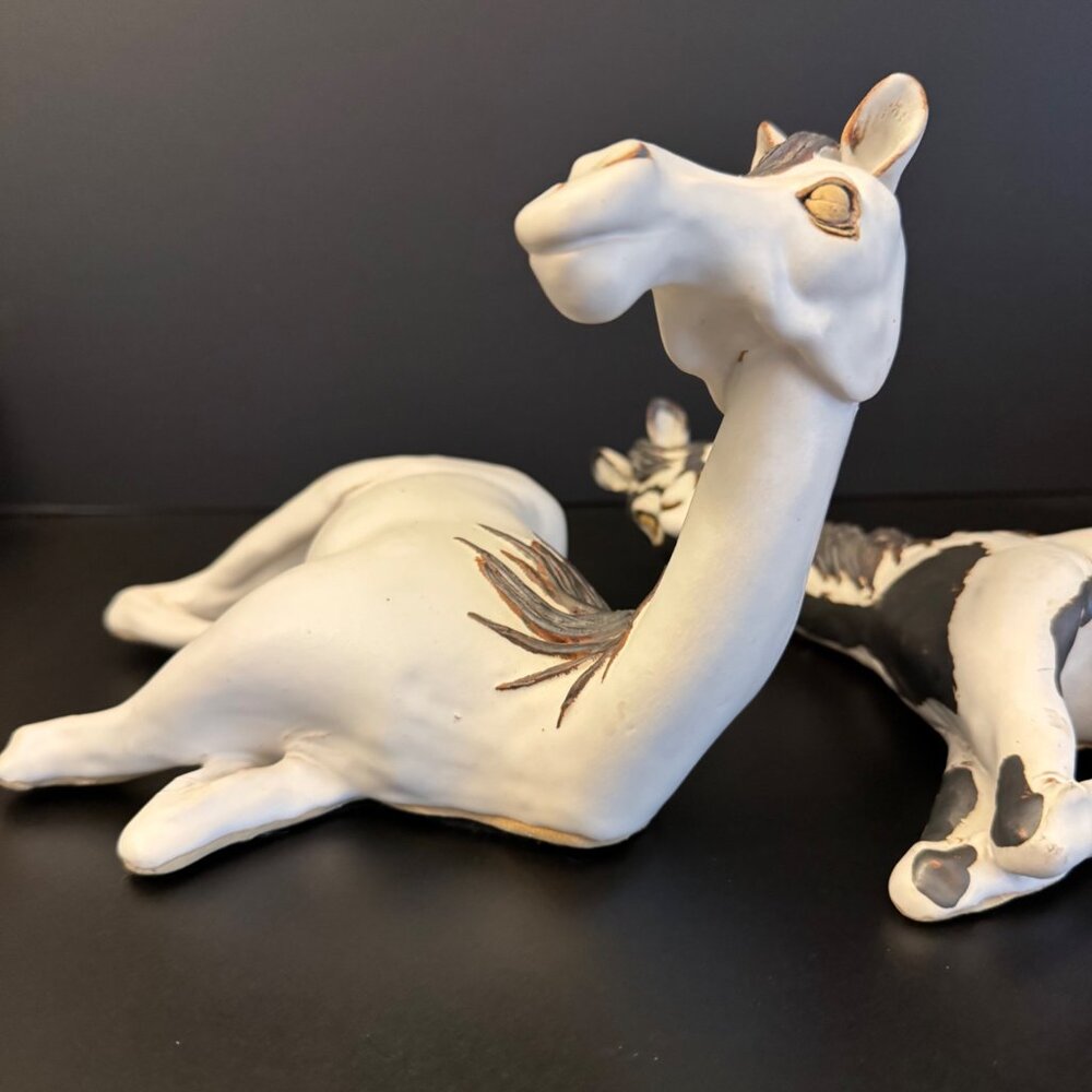Handcrafted Ceramic Horse Figurines Set Of 2 Stamped Bier 2003 Painted White & G - Picture 7 of 16